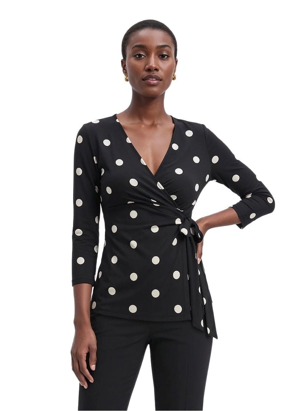 NWT Anne Klein Black White Polka Dot Wrap Top Medium